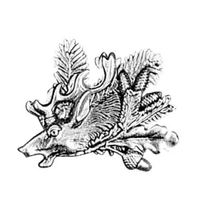 Myslivecký odznak hlava jelena s úlomkem, šiškami a dubovým listem