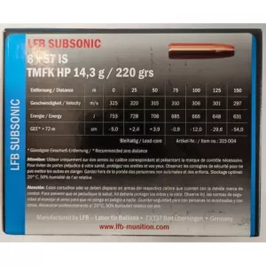 Kulový náboj LFB 8x57 JS TMFK HP 14,3 g Subsonic Náboj LFB 8x57 JS Subsonic TMFK HP 14,3 g
