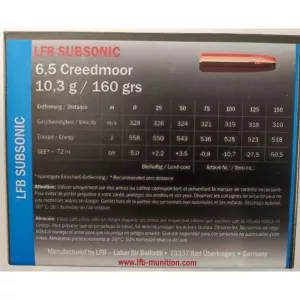 Kulový náboj LFB 6,5 Creedmoor TM 10,3 g Subsonic Náboj LFB 6,5 Creedmoor Subsonic TM 10,3 g