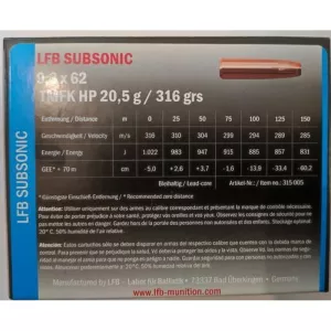 Kulový náboj LFB 9,3x62 TMFK HP 20,5 g Subsonic Náboj LFB 9,3x62 Subsonic TMFK HP 20,5 g