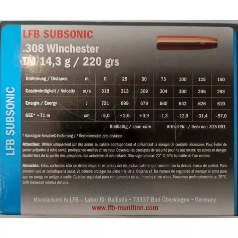 Náboj LFB 30-06 Springfield Subsonic TMFK HP 14,3 g
