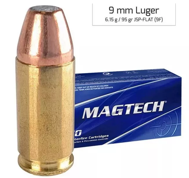 Pistolový náboj Magtech 9 mm Luger JSP Flat WO Grooves 6,15 g / 95 gr