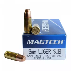Pistolový náboj Magtech 9 mm Luger FMJ Subsonic 9,52 g / 147 gr
